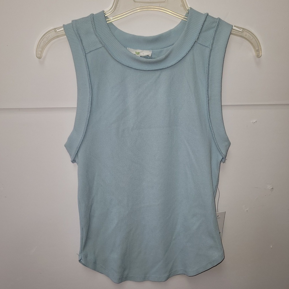 Live in the Moment Muscle Tank Women S Blue New Ribbed Raw Edge Crew Neck Top